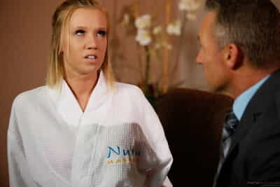 Glum masseuse Bailey Brooke shows lock up businessman what real massage is