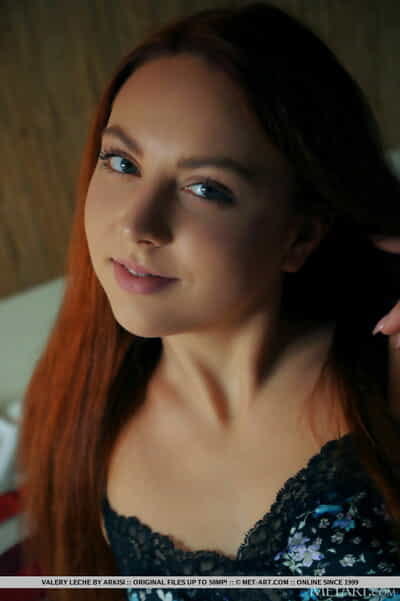Young redhead Valery Leche shows their way meaty labia lips and tiny boobs on their way bed