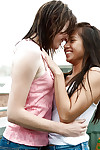 Young amateur girls Larissa M and Silvie market garden tongue kiss completed