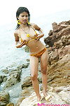 18 Año viejo tailandés Adolescente en tigre Bikini antes de margen parpadea todos su Travieso ampliamente