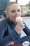 Fair-haired amateur teen licks ice cream