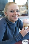 Fair-haired amateur teen licks ice cream